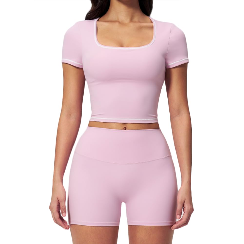 XYFfybhsd Women Workout Sport 2 Piece Yoga Contrast Stitching Gym Leggings Shorts and Crop Top Set(Size:S,Color:Pink)
