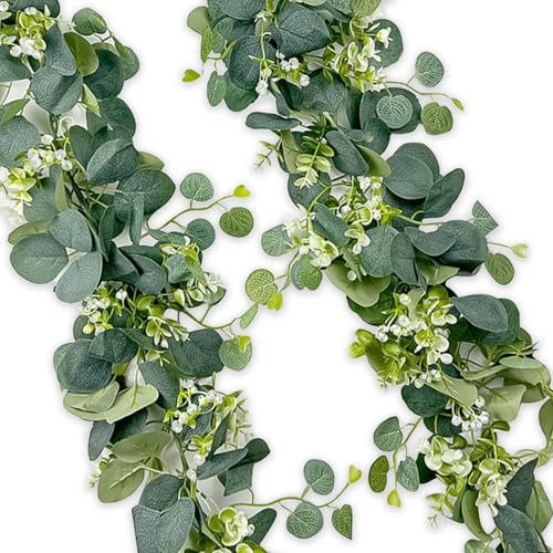 2 Stück Eukalyptus Girlande, 180cm Künstliche Girlande Grün Eukalyptus Hängende mit Weiße Blumen Silberdollar Eukalyptusranke für Hochzeiten Partys Esstische Kaminsimse Treppen Türrahmen