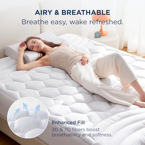 Bedsure Queen Mattress Pad - Quilted Fitted Mattress Topper Protector with 8-21 Inches Deep Pocket, Noiseless Breathable Bed Cover Padded, Machine Washable, White, 60x80 Inches