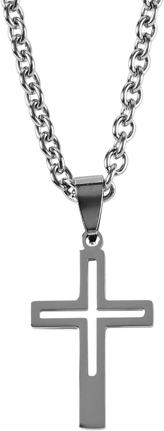 Dicksons Stainless Steel Cross Pendant Necklace for Men Durable Silver-Tone Chain Simple Masculine Faith Jewelry