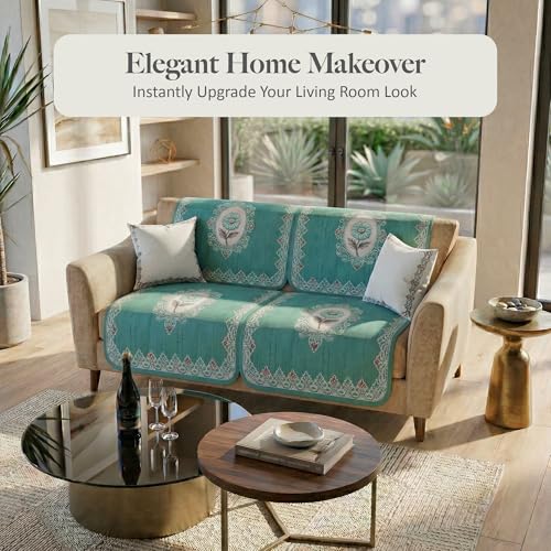 Image of Kuber Industries 2 Seater Sofa Cover | Slipcover for Living Room | Thick & Cozy | Non-Slip Comfort Sofa Cover Set Set | Sunflower Print Blaze 1418 - Green