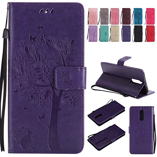 Ougger Funda para Huawei Mate 10 Lite Carcasa, Premium Piel Billetera Cuero Magnética Cover Protector Silicona Tapa Carcasa Huawei Mate 10 Lite con Ranura para Tarjetas, Gato y árbol (Púrpura) Cover
