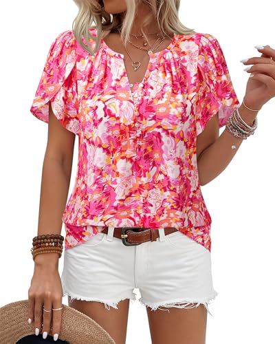 Timeson Womens Summer Tops Boho Short Sleeve Business Casual Blouses Button Down Floral Shirts Fashion Beach Vacation Clothes