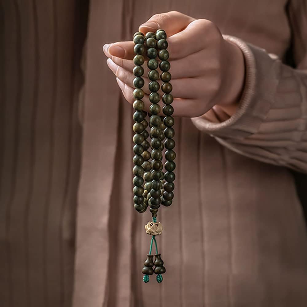 ロザリオビーズ、グリーンサンダルウッドブレスレット 108個の仏陀ビーズブレスレット 複数周ロザリオ 木製瞑想用、10mm, 6mm