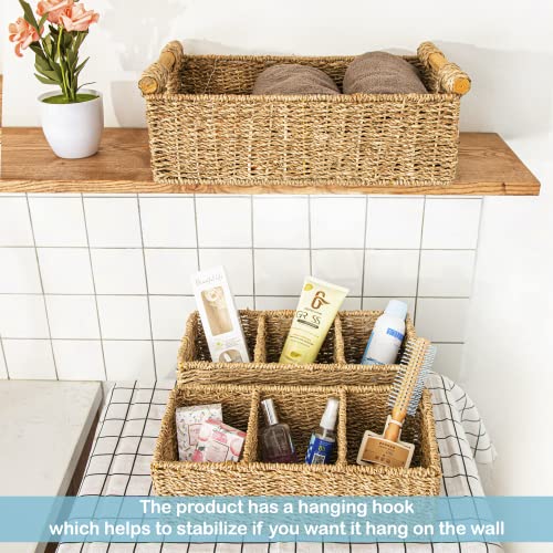 3 Compartment Storage Baskets For Organizing, Seagrass Toilet Paper Small Basket, Large Seagrass Storage Baskets For Shelves, Set Of Hand-Woven Natural Wicker Storage Basket - 3 Pack #TOP2
