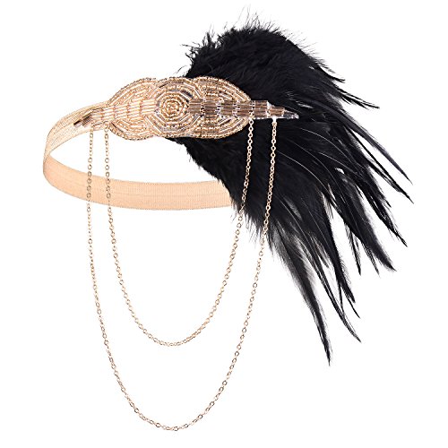 BABEYOND 1920s Flapper Headband Roaring 20s Great Gatsby Headpiece Beaded Black Feather Headband 1920s Flapper Gatsby Hair Accessories (Champagne)
