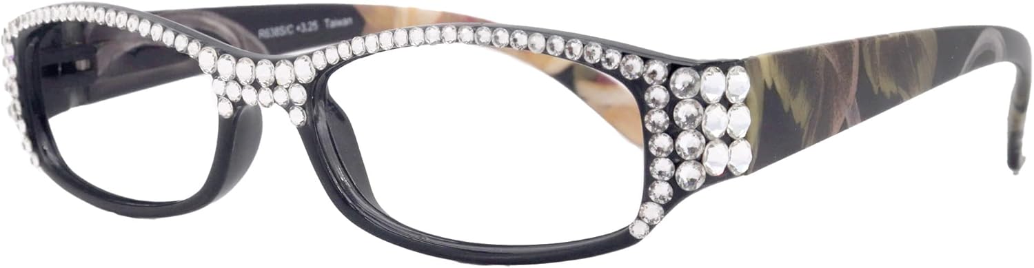 Rosie "NY Fifth Avenue Bling Reading Glasses (Black Frame) with Clear Genuine European Crystals on the Full Top."