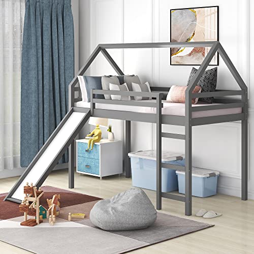 Eafurn Twin Loft Bed With Slide, Kids House Bed With Slide, Solid Wood Loft Bed Frame For Girls & Boys #TOP2