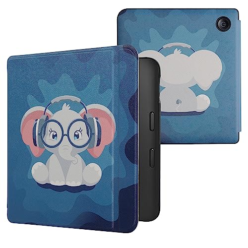 kwmobile Case Compatible with Kobo Libra 2 Case - eReader Cover - Cute Elephant Light Blue/Dark Blue/Grey
