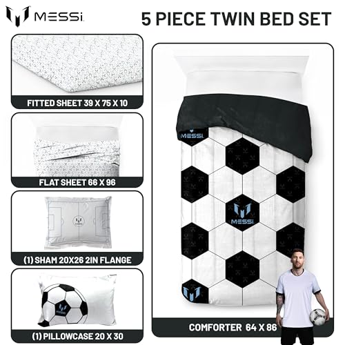 Image of Messi Twin Comforter Set 5 Piece Kids Sports Bedding for Boys, White | Bed in a Bag, Comforter Sheets Sham Pillowcase, Official Brand, Soft Microfiber, Machine Washable, Easy Care, Boys Gift