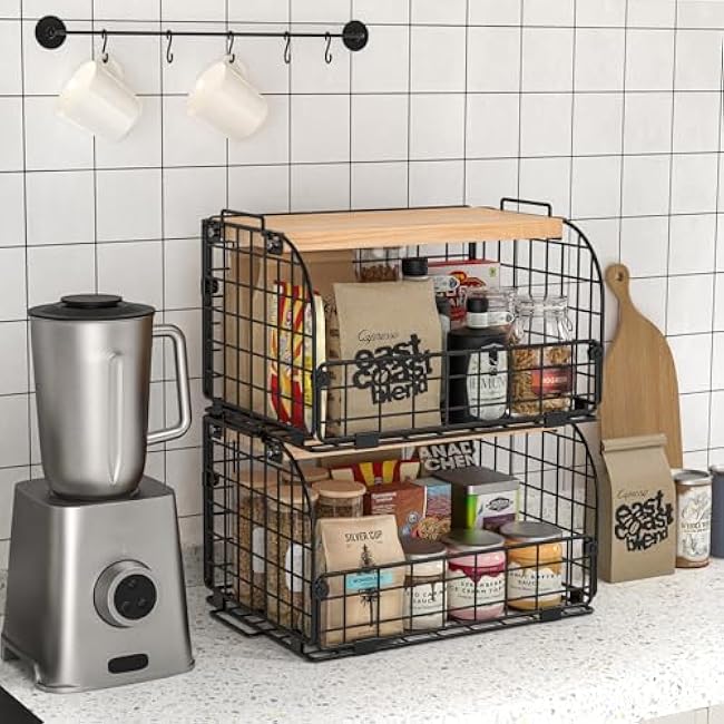 2 Set Stackable Wire Basket with Openable Top, Kitchen Counter, Pantry Organizer and Storage Produce Onion Potato Fruits Vegs Bread Food Snack Spice Organizing Bin for Cabinet Shelf Countertop Floor