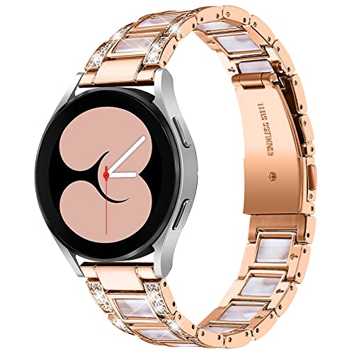 HAYONLIY Resin Metal Band Compatible for Samsung Galaxy Watch 5 Band 40mm/44mm/Pro 45mm, Galaxy Watch 4 Band 40mm/44mm, Bracelet Diamond Strap, 20mm Sparkling Jewelry Bands(Rose Gold - Pink Flower)