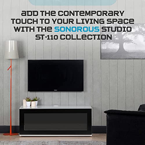 Image of SONOROUS ST-110 Premium TV Stand with White Wood & Black Glass Cover - Modern Entertainment Center & Media Console for Living Room - TV Cabinet up to 65 Inch with Hidden Wheels - Sleek Storage Design