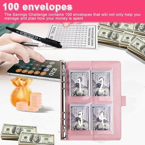 AMONENZ Rosa Sparchallenge Budgetplaner, Budgetplaner A5, Kunstleder Budget Binder, Geld Sparen Challenge mit 100 Umschlägen, für Haus, Schule, Büro