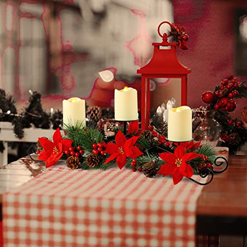 Mortime Christmas Centerpiece With 3 Candle Holders, Xmas Tabletop Decor With Red Flowers Berries Pinecones Steel Base For Indoor Home Christmas Decoration #TOP5
