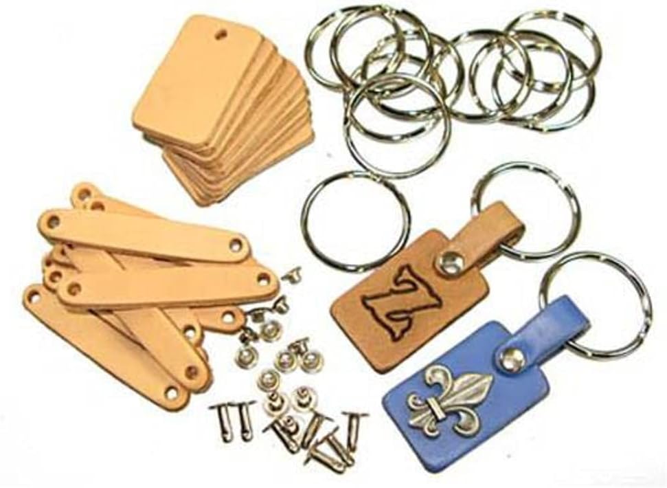 Key Fob Kits 10 Pack - Pre-Punched Vegetable Tanned Tooling Leather with Key Ring and Rivet