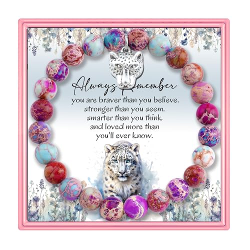 PARTNER Snow Leopard Inspirational Christmas Birthday Gifts for Women Unique Natural Stone Beaded Bracelets for Women Meaningful Animal Jewelry for Snow Leopard Lovers