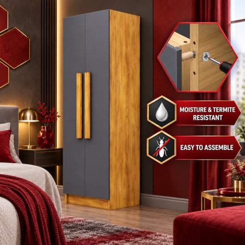 Image of Bniture Wooden Almirah for Clothes, Door for Bedroom, 2 Door Wardrobe with 4 Shelves Huge Storage Space (46D x 60W x 182H CM) | 3 Year Warranty (Giant Wood & Slate Grey)