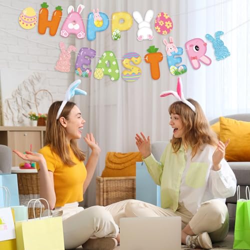 Image of Happy Easter Banner Bunny Party Decor Easter Garland with Eggs Chick Carrot Signs for Spring Party Classroom Home Wall Decor Birthday Baby Shower Party Decoration Supplies