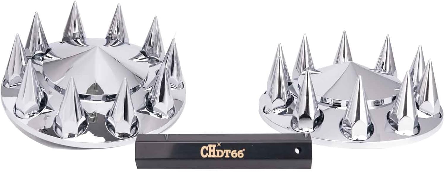 Complete Chrome Wheel Cover Set, 33mm Lug Nut Covers for Semi Trucks, 2 Front Axle Wheel Covers w/Removable Hub Caps for Trucks, Pointed Top, Screw On