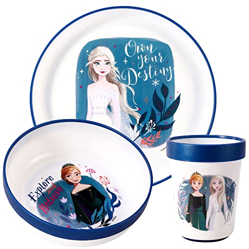 La Reine des Neiges Ensemble de vaisselle 3 pièces Bicolore réutilisable pour enfants Assiette, bol et gobelet, sans BPA