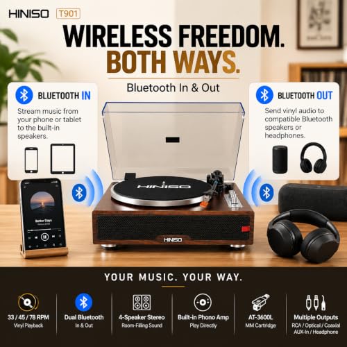 Image of HINISO T901 HiFi Wooden Turntable with Bluetooth in & Out, Built-in Phono Amp & 4 Stereo Speakers | Belt-Drive 33 /45 /78 RPM Vinyl Record Player, AT-3600L Cartridge, Auto-Stop, RCA /Optical /Coaxial Out