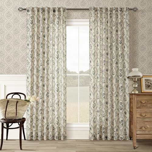 Image of Floral Linen Sheer Curtains 84 Inch Length for Living Room Charcoal Green