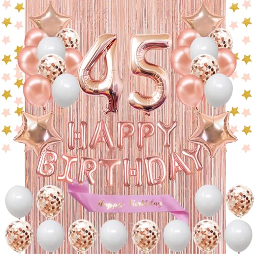 Fancypartyshop 45th Birthday Decorations - Rose Gold Happy Birthday Banner and Sash With Number 45 Balloons, Latex Confetti Balloons - Ideal for Women 45 Years Old