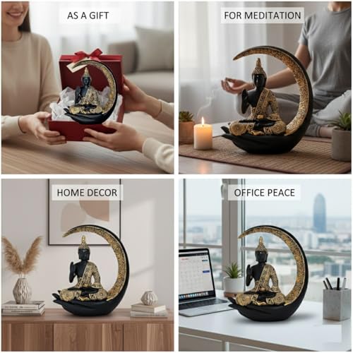 Image of Black & Gold Meditating Buddha Statue with Crescent Moon & Hand Base - Spiritual Buddha Idol for Home Decor, Feng Shui Lucky Showpiece for Living Room
