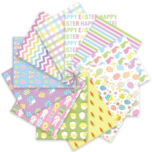 Whaline 12 Pcs Easter Cotton Fabric Bundles 10 x 10 Inch Colorful Easter Bunny Rabbit Egg Carrot Fabric Square Quilting Patchwork for Silly Goose DIY Craft Home Party Decor