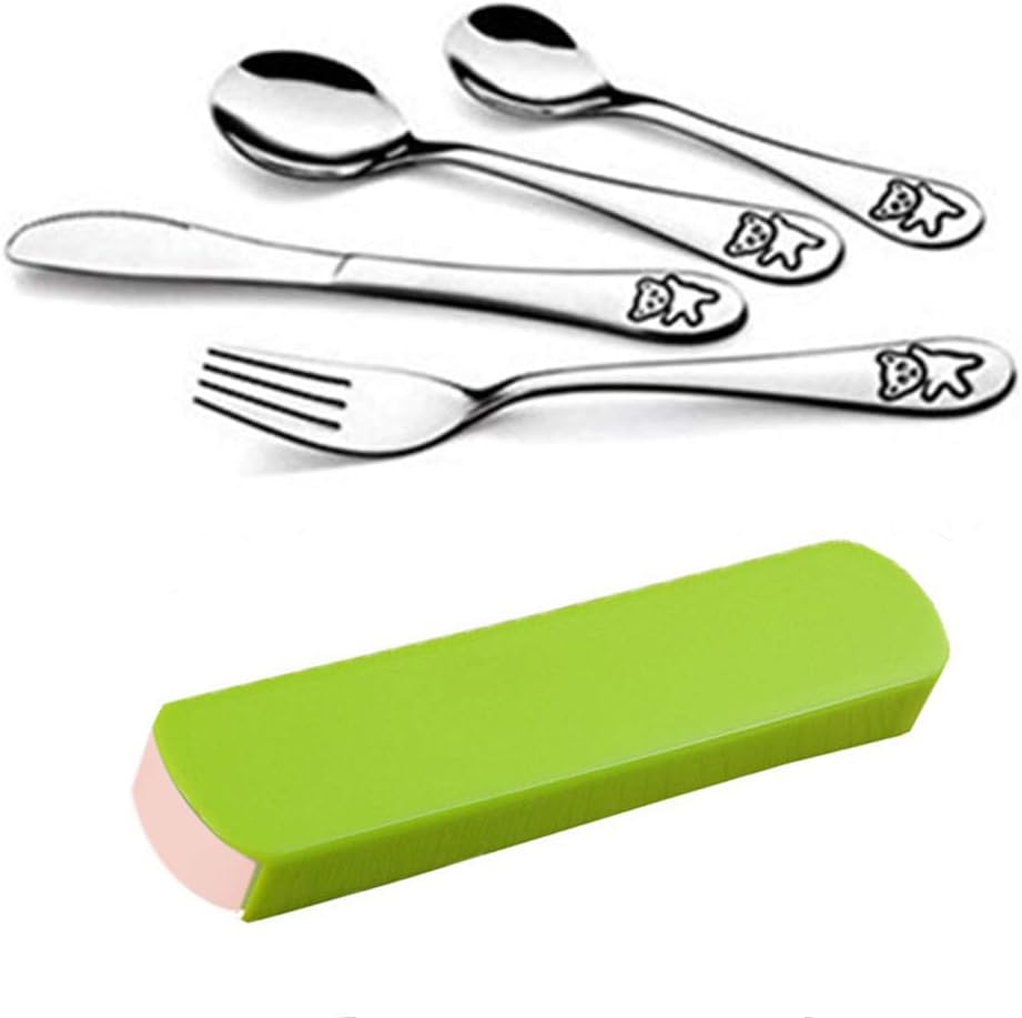 RedColory Kids Cutlery Set Stainless Steel Cartoon Bear Pattern Tableware Set With Portable Case 4 Pieces