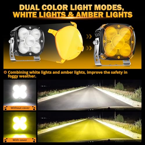 Image of Auxbeam 4.5 inch 128W Led Pods, XP-Ultra Series 15200LM Flood Beam Offroad Pod Lights with DRL & Amber Covers, Cube LED Ditch Lights Amber Fog Light Bar for Jeep UTV ATV Off Road