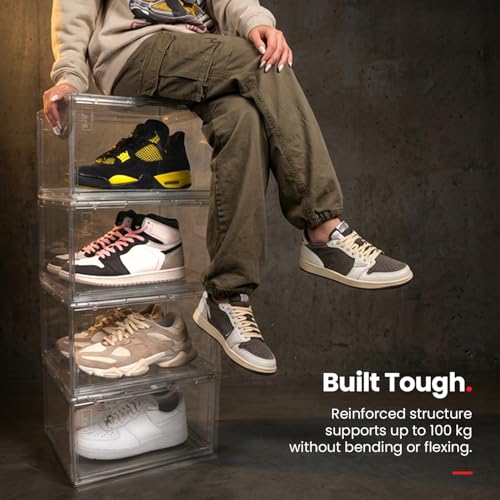 Image of SHOEGR Shoe Storage Box | Transparent Heavy Duty Sneaker Shoe Boxes Storage Organiser, Side Drop Magnetic Closure, Large Size Fits Up to UK 14, Pack of 1