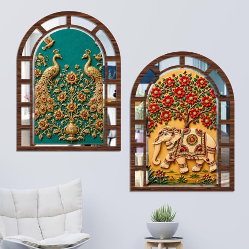 Image of Artvibes Peacock Pair & Decorative Elephant Theme Home Wall Decor | Jharokha Mirror Wall Hanging for Living Room, Hall, Bedroom, Lobby, Dining Area & Entrance | Gift (WH 12022N), Set of 2