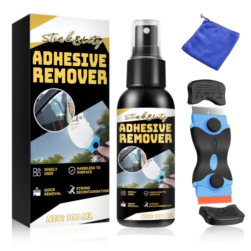 StinkBlitz Klebereste Entferner Spray 100ml Starker Klebstoffentferner Aufkleberentferner Klebstoffentferner Set mit Schaber und Tuch Adhesive Remover für Aufkleber und Etiketten