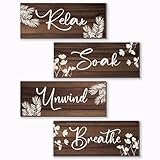 ONIZHITY 4 Pieces Brown Bathroom Decor Farmhouse Bathroom Accessories Rustic Relax Soak Unwind Breathe Wooden Signs with Vintage Country Decor for Home Laundry Room (Brown, 10x4 Inch)