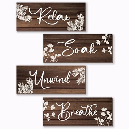 ONIZHITY 4 Pieces Brown Bathroom Decor Farmhouse Bathroom Accessories Rustic Relax Soak Unwind Breathe Wooden Signs with Vintage Country Decor for Home Laundry Room (Brown 10x4 Inch)