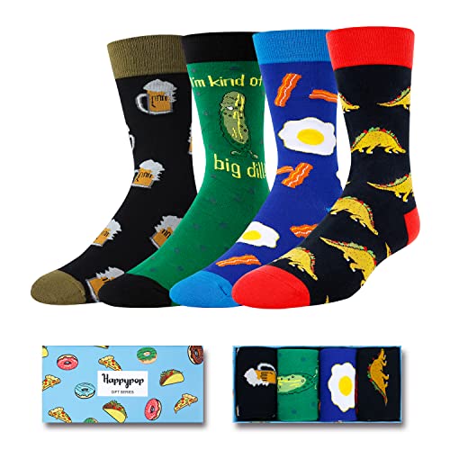 HAPPYPOP Pickle Socks Mens Beer Socks Taco Socks Bacon and Eggs Socks for Men, Pickle Gifts Beer Gifts, 4 Pack