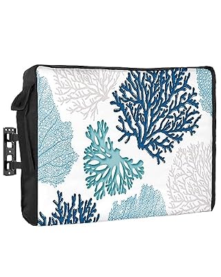 DecorLovee Outdoor TV Cover 80 to 85 Inches Weatherproof, Blue Teal Coral Outdoor TV Enclosure with Remote Control Pocket, Summer Beach Coastal Modern Geometric TV Screen Protectors for Outside TV