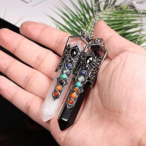 Nupuyai Vintage 7 Chakra Crystal Point Pendant Necklace for Men Women, Hexagonal Pendulum Reiki Healing Stone Pendant with Chain