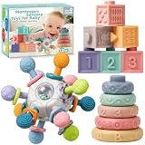 Baby Sensory Teething Toys Set, Montessori Baby Toys 6-12 Months, Incl Newborn Rattle Teether & Baby Blocks...