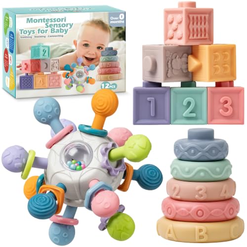 Baby Sensory Teething Toys Set, Montessori Baby Toys 6-12 Months, Incl Newborn Rattle Teether & Baby Blocks & Soft Stacking Rings, Ideal Babies Boy Girl Gifts, Infant Toys 0-3-6-9-12-18 Month