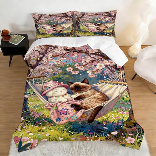 Image of Cartoon Cat Comforter Set Full Size Cute Kitten Floral Bedding Sets for Girls Boys Kids Adults Bedroom Decor Spring Cherry Blossom Hammock Quilt 1 Comforter 2 Pillowcases