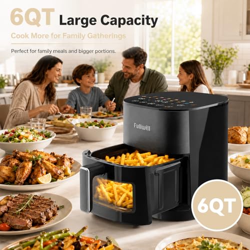 Image of Fullwill 6Qt Air Fryer with Window, Dual Heating, 14-in-1 /12 Presets (Wings, Steak, Fries, Pizza), 392F, 1700W, Nonstick & Dishwasher-Safe Basket, PFOA-Free, Oil-Free Fast Cooking