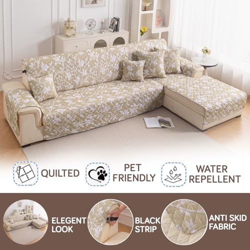 Image of HOKIPO 'Elira Series' Printed Quilted One-Piece L Shape 4 Seater (2+2) Sofa Cover with Right Chaise | Anti-Slip Design, Buff Brown Sillehoute Floral (AR-6228-C7)