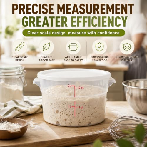 Image of Ziliny 1 Pcs 2 Qt Translucent Dough Proofing Container with Lid, White | Round Food Storage Container, Food Grade Plastic, Airtight Lid and Red Scale, Easy View, Dough Fermentation Kitchen Storage