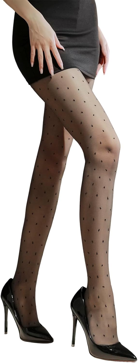 Women’s Ultra Sheer Pantyhose Polka Dots Tights Patterned High Waist Stretchable Footed Plus Size Stockings