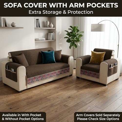 Image of KINGLY Sofa Cover 3 Seater Fully Covered | Stretchable Anti-Slip Slipcover | Washable Furniture Protector | Chocolate Brown | Set of 2 | Seat & Back |