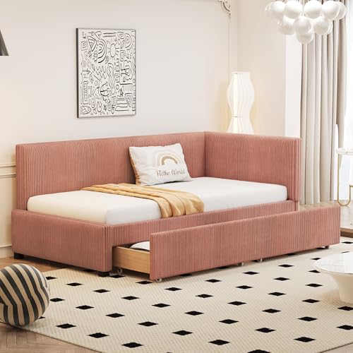 Huayz Cama tapizada para sofá cama de 90 x 200 cm, cama individual, con 2 cajones grandes de almacenamiento y somier de láminas, tela aterciopelada respetuosa con la piel, sin colchón (rosa)