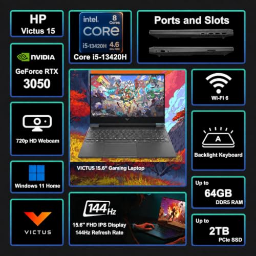 Image of HP Victus Gaming Laptop 15.6 inch FHD IPS 144Hz Intel 8-core i5-13420H (>i7-12650H), 64GB DDR5 RAM, 1TB NVMe SSD, GeForce RTX 3050 6GB, Backlit, Type-C, WI-FI 6E, B&O Fast Charge, Windows 11